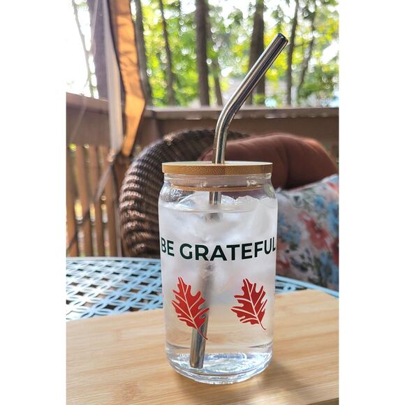 Eco-Friendly Gratitude Jar: Glass Can-shaped glass w/bamboo lid and metal straw, - Picture 6 of 10